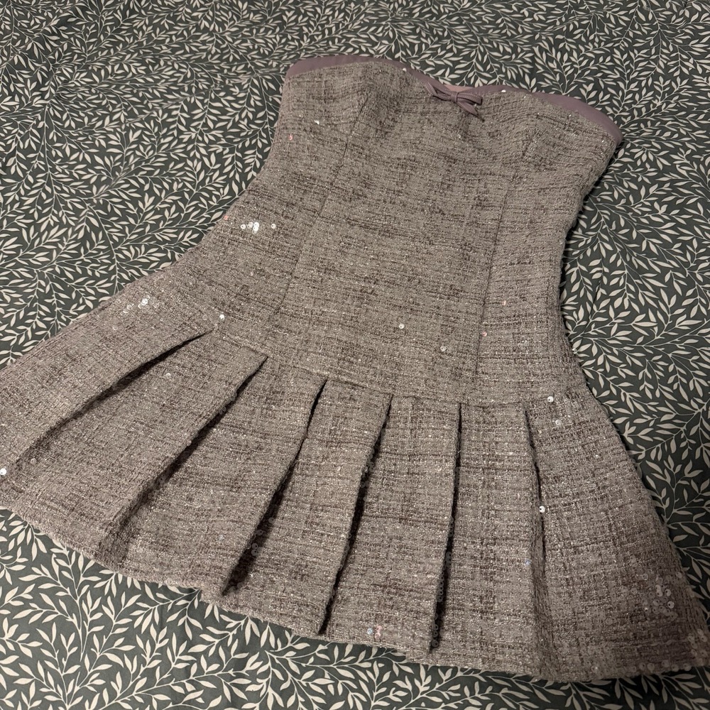 Run Run Sweet Strapless Pleated Drop Waist Mini  Sequin Tweed Dress Medium Y2K